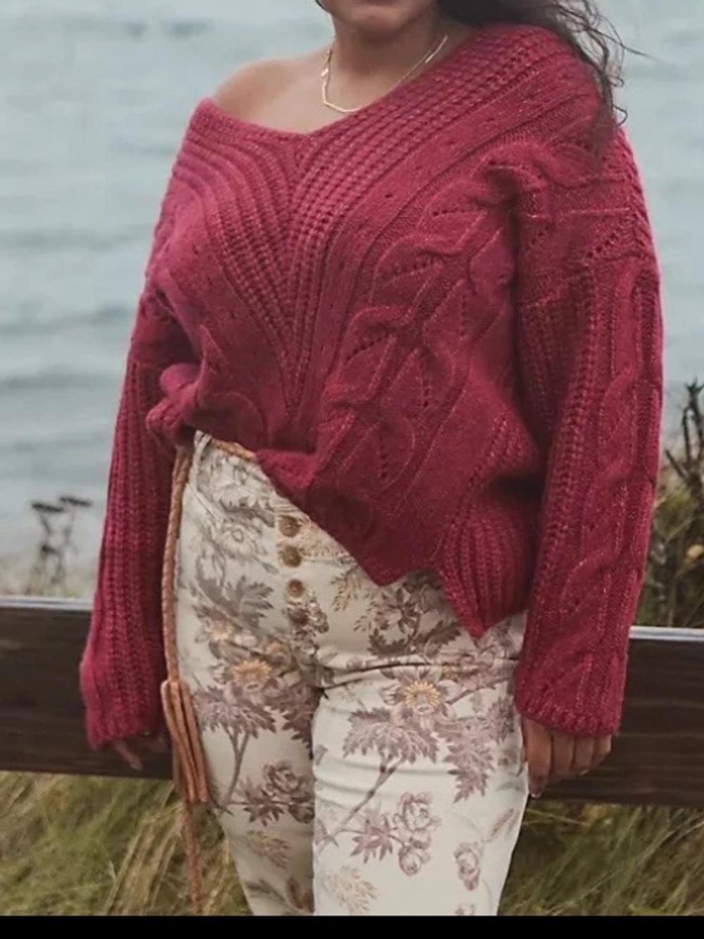 Anthropologie dark pink Ramona Alpaca Cable Knit Long sleeve Sweater size 1X